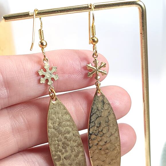 Gold Hammered Dangle Earrings with Snowflake Charm, Boho Chic Jewelry Design - Picture 7 of 10